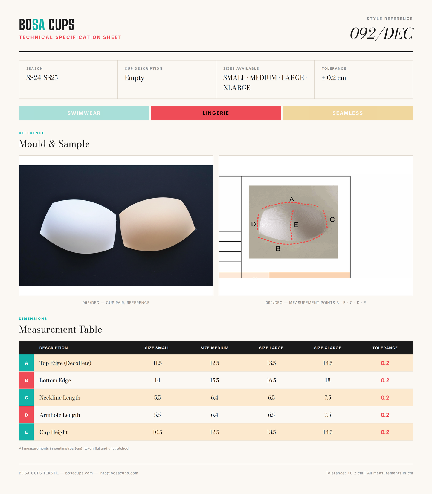 BOSA CUPS 092/DEC technical specification sheet