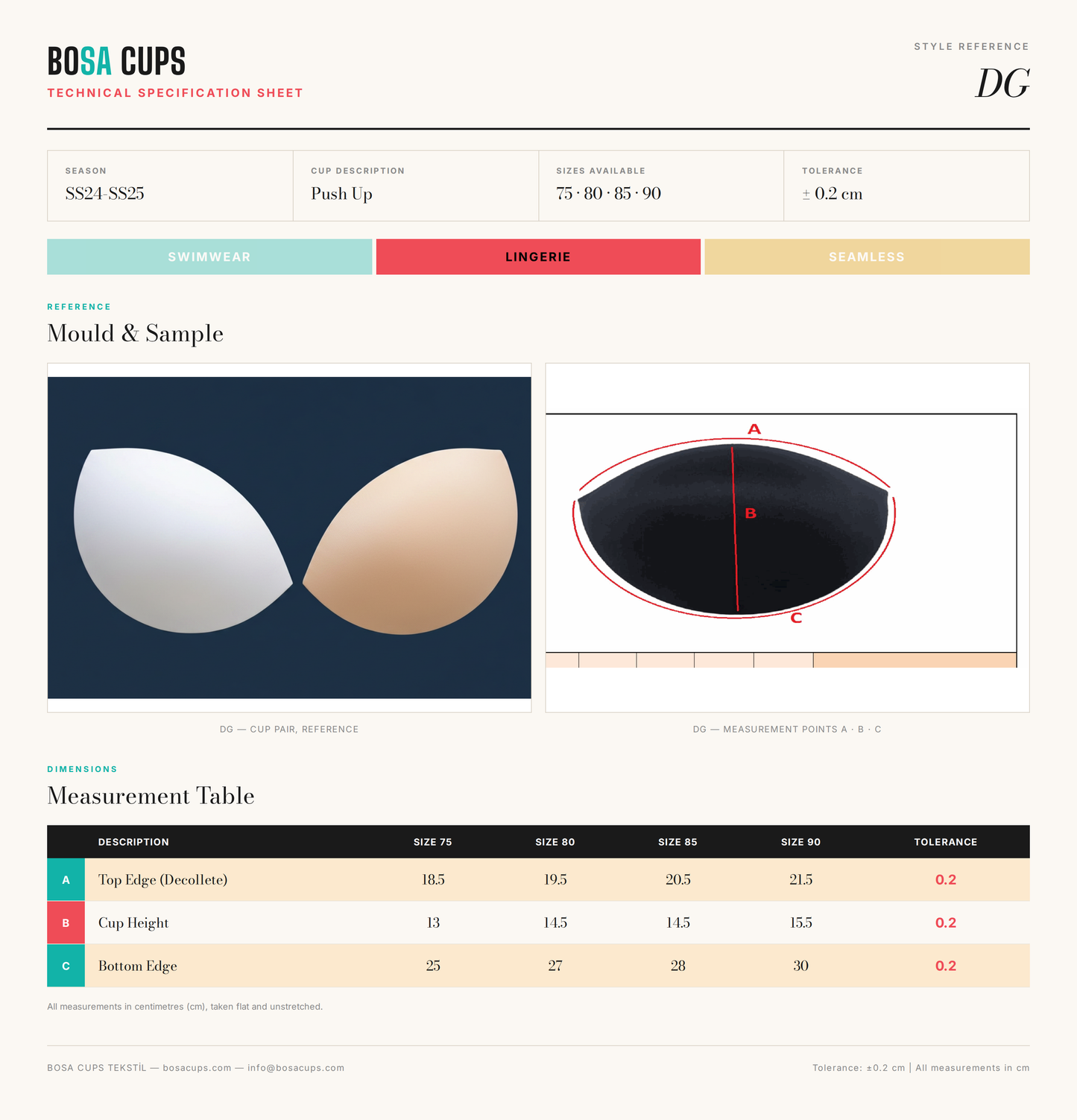 BOSA CUPS DG technical specification sheet