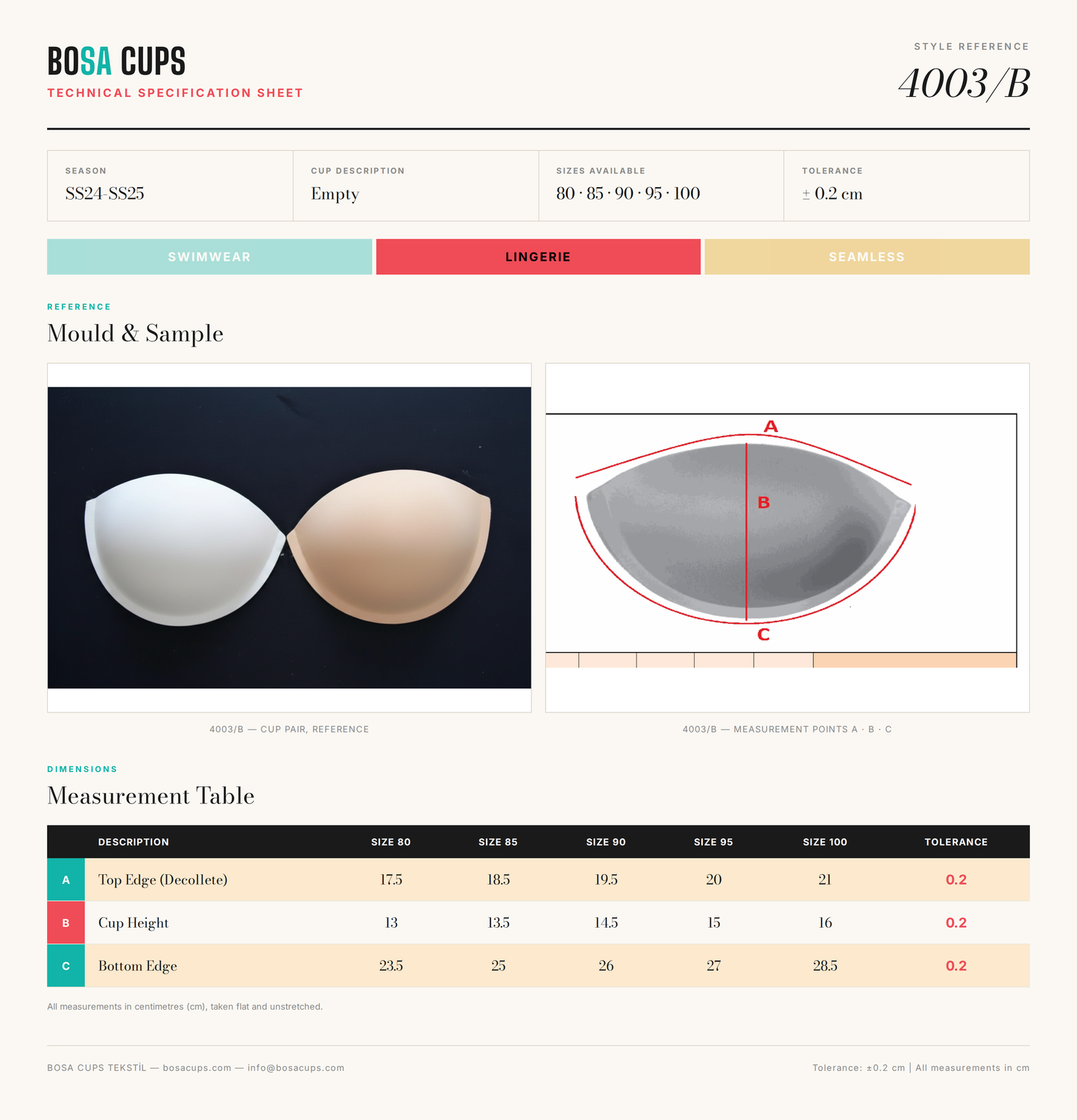 BOSA CUPS 4003/B technical specification sheet