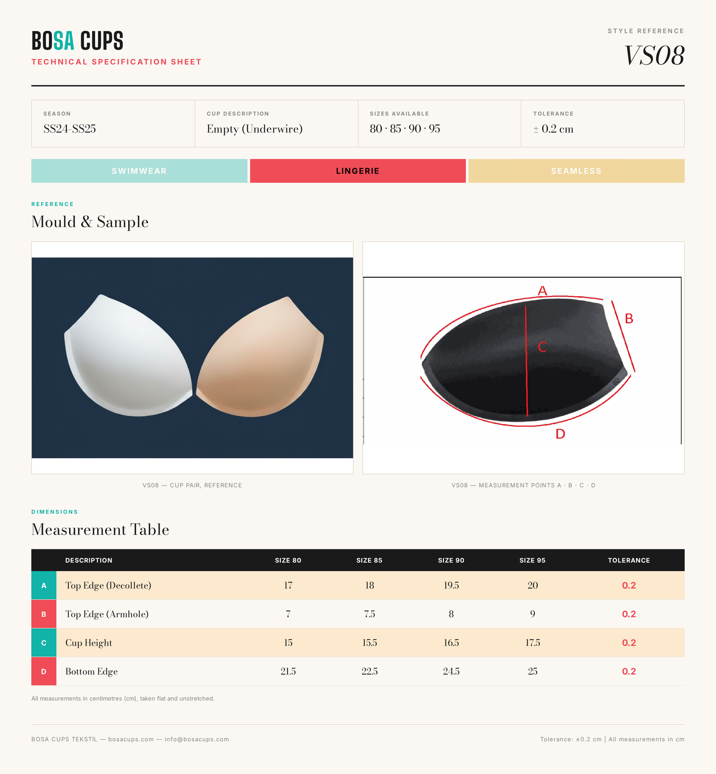 BOSA CUPS VS08 technical specification sheet - Balenli (Underwire)